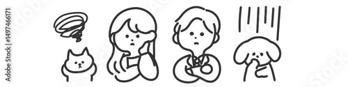 悩むビジネスマンの男女と犬と猫の線画イラスト