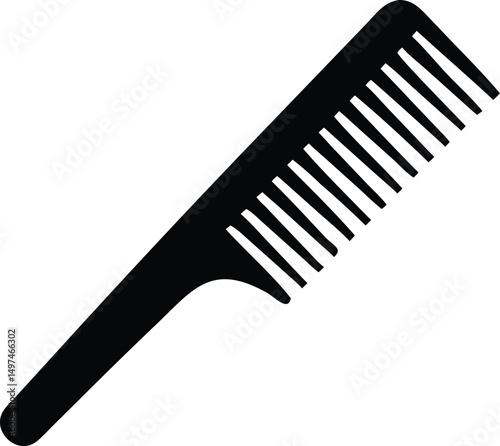 A simple black comb features a handle and uniform teeth on a white background