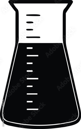 The black liquid fills the simple volumetric flask which has scale markings on a transparent background