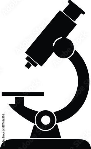 Simple microscope silhouette shows scientific optical instrument with lens and mirror system on white