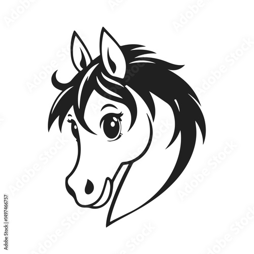 Cartoon horse head, funny animal face, cute pony illustration, horse design, black white vector