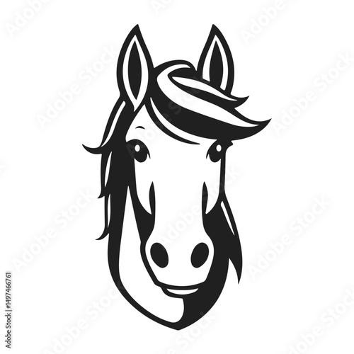 Cartoon horse head, funny animal face, cute pony illustration, horse design, black white vector