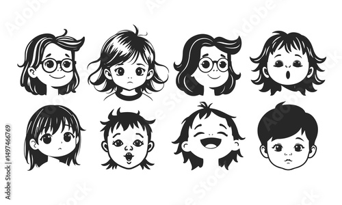 Cute kids faces set, cartoon children, emotional baby expressions, black white characters