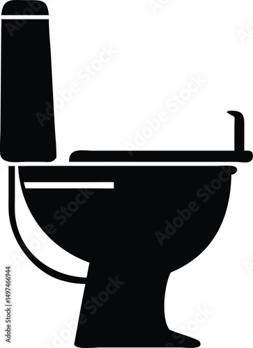 Simple toilet outline, with black fill, features an attached tank on a transparent background