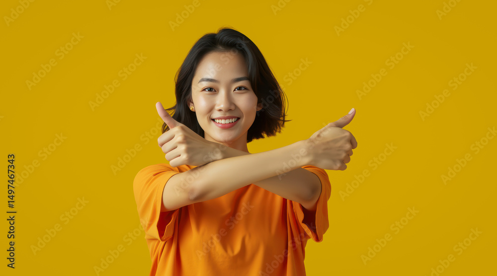 young woman enthusiastically gives a thumbs-up against a vibrant yellow background. young woman enthusiastically gives a thumbs-up against a vibrant yellow background.