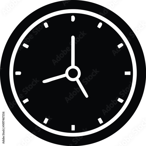 Clock face displaying a simple round design with three white hands in transparent background