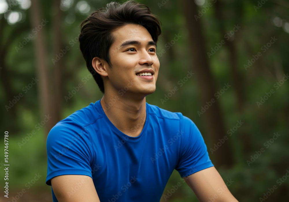 young man smiles contentedly while seated amongst lush greenery. young man smiles contentedly while seated amongst lush greenery.