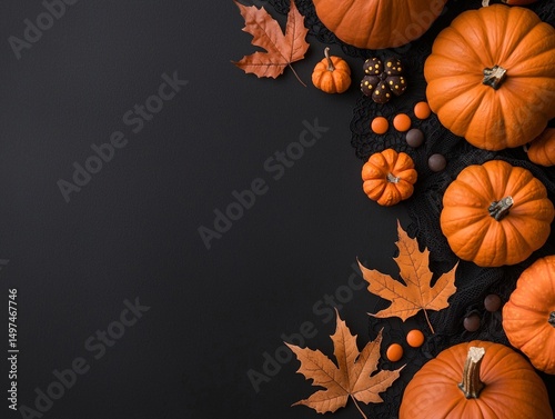 Halloween Flatlay with Pumpkins Candy and Black Background photo
