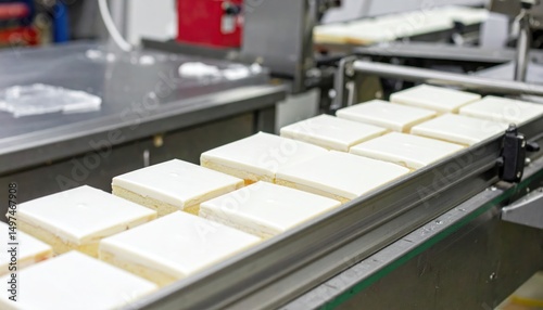 Automated confectionary production line featuring neatly arranged frosted cakes