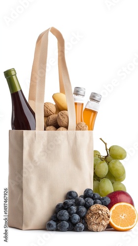 Beige Foldable Shopping Bag with Groceries photo
