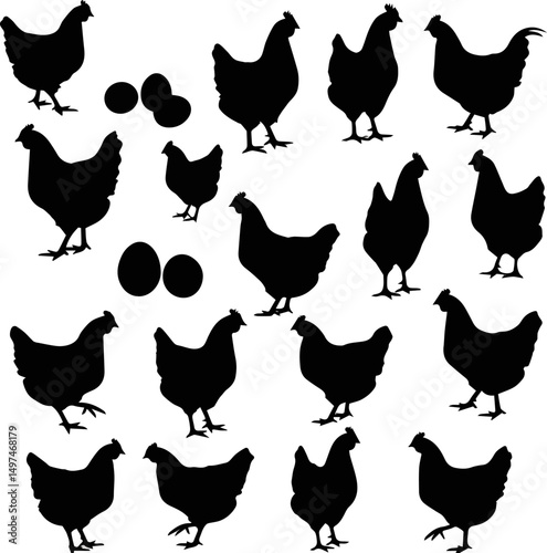  Create a kinds of hen, egg, silhouette with white background.