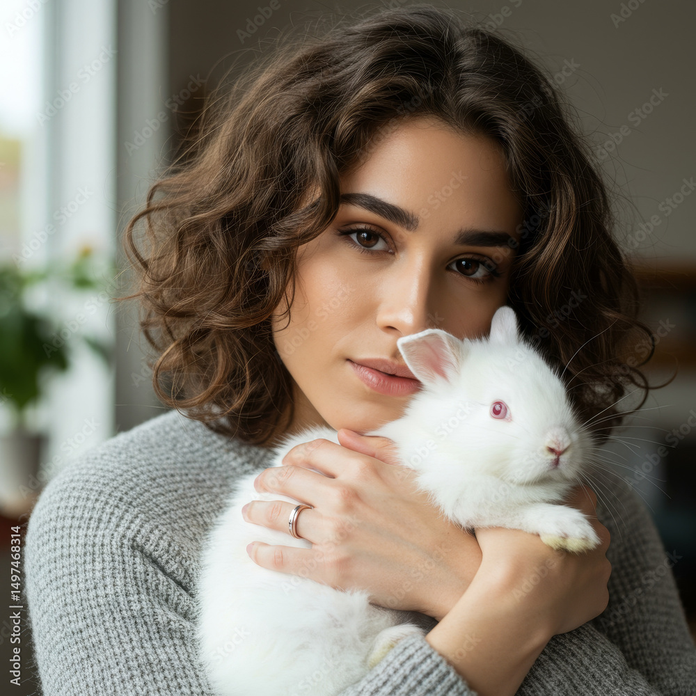 young woman lovingly cradles a fluffy white rabbit against her chest. young woman lovingly cradles a fluffy white rabbit against her chest.