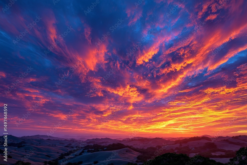 Fototapeta premium Vibrant sunset illuminates rolling hills beneath dramatic clouds in a serene countryside landscape