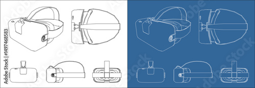Set Smart Wearable VR AR Headset Blueprint – Technical Line Drawing Vector