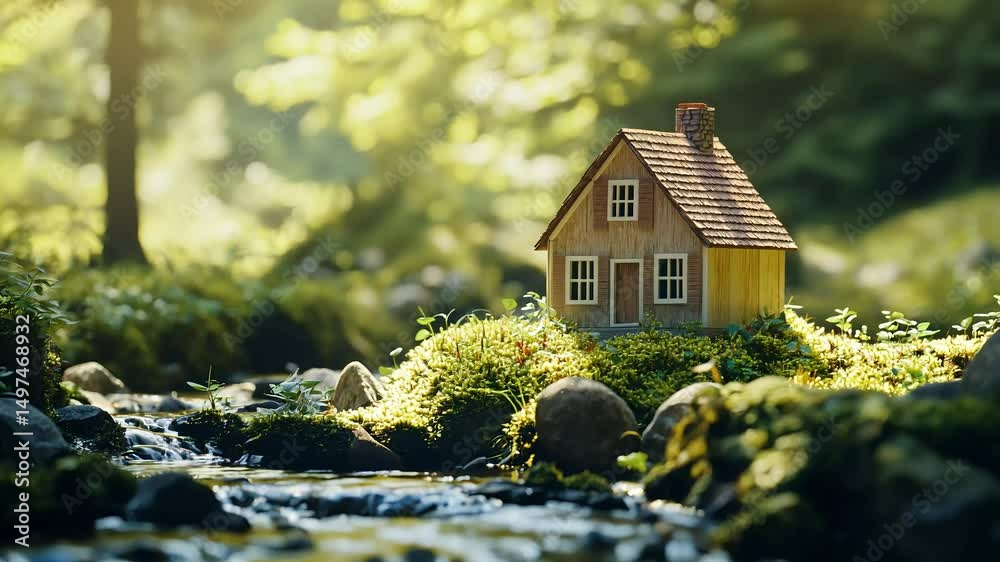 macro of a tiny wooden cabin model perched on a mossy riverbank. 