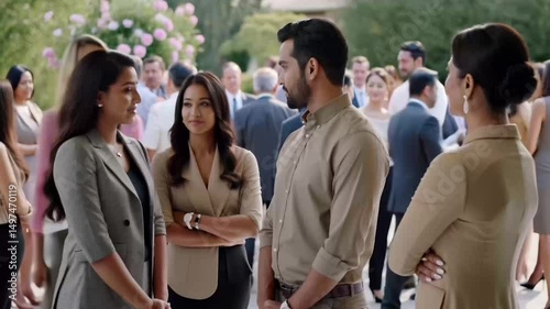 Four entrepreneurs chat animatedly during an outdoor corporate event, connecting with colleagues in the midst of an informal gathering of professionals.