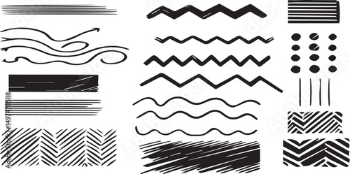 chalk crayon line collection - straight strokes, dotted rows, wavy patterns, zigzag marks with grunge textured surface. Hand drawn underline elements for design emphasis or decorative borders