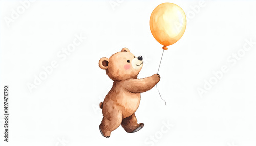 Watercolor Bear Cub Playing with Balloon Tied to Tail Joyful Bouncing Fun Illustration