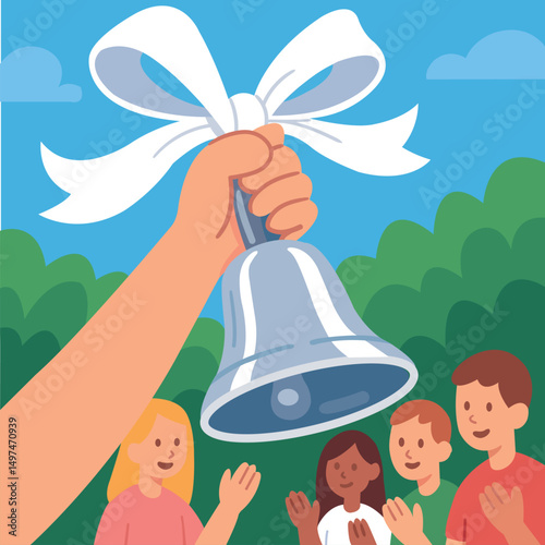  Last bell.Vector illustration of the last school bell — a hand holding a silver bell with a white bow, against a background of applauding children and green nature.  the end of the school year.