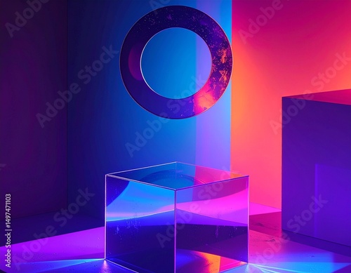Futuristic Neon Living Room Interior – Minimalist Lounge with Circular Wall Light & Mood Lighting
