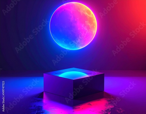 Futuristic Neon Living Room Interior – Minimalist Lounge with Circular Wall Light & Mood Lighting