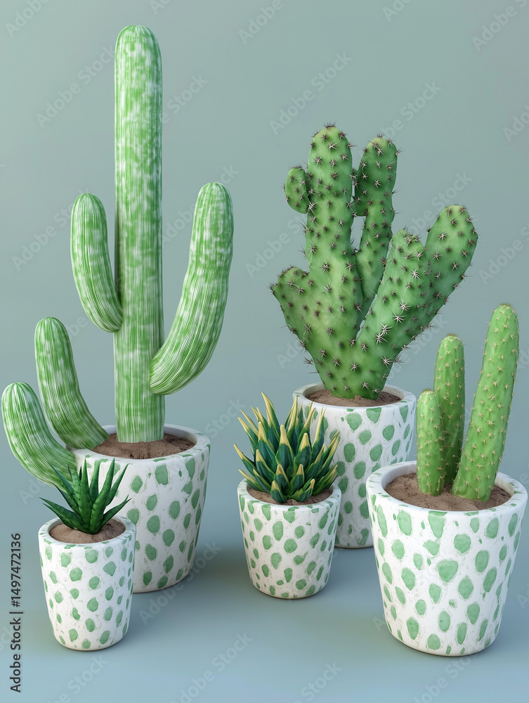 Cactus and succulent plants growing in modern white and green pots Cactus and succulent plants growing in modern white and green pots