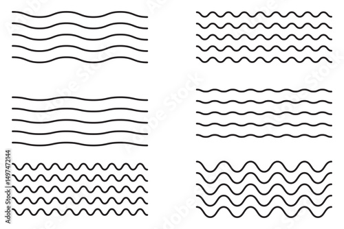 Set of wavy zigzag stroke lines pattern. Vector line border, wave ripple, zigzag, borders.