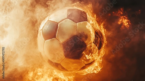 Wallpaper Mural Soccer ball engulfed in flames, flying through a fiery background. Use this for designs about competitive sports, or aggressive playing. Torontodigital.ca