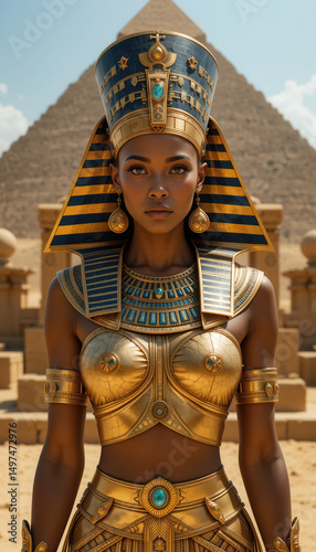 Majestic Egyptian Queen in Golden Armor before Pyramid