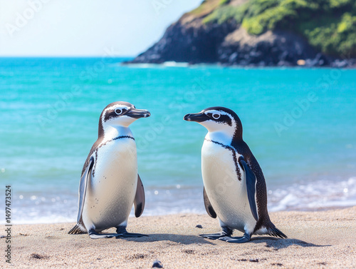 Two humboldt penguins standing on sandy beach by turquoise water