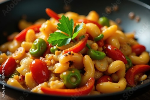 Close-up of vibrant stir-fried vegetables and protein in a wok, glistening sauce , steam, vibrant, stir-fry