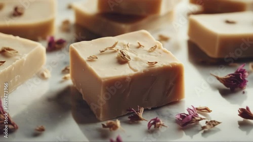 Rotating macro shot of handcrafted soap bar with dried petals, natural ingredients and creamy texture, warm ambient light, spa aesthetic