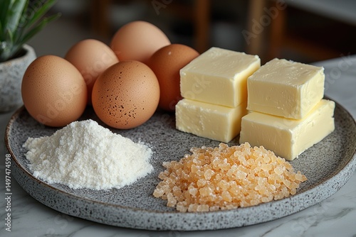 Eggs, butter, flour, and brown sugar on plate photo