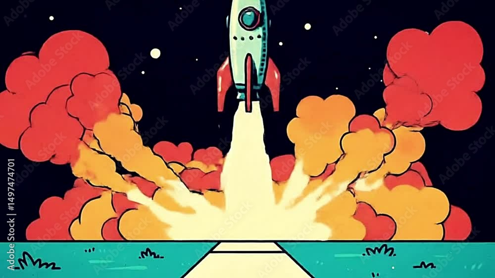 Retro cartoon rocket launch animation in 4K with alpha channel. Vintage space shuttle blasting off into space with smoke trail. video for motion graphics and VFX