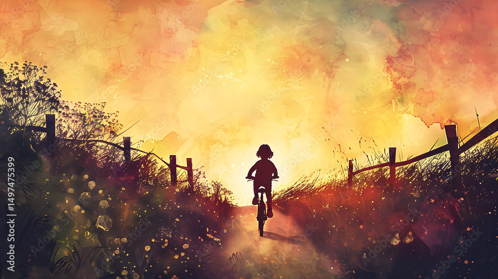 Fototapeta premium silhouette of a child riding a bicycle
