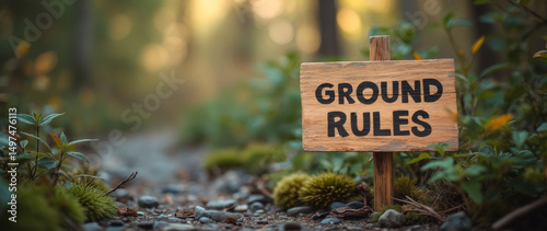 wooden sign displaying Ground Rules sits on a mossy forest path.