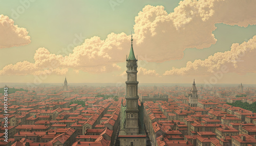 Cityscape of Old town view illustration, highly detailed	