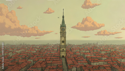 Cityscape of Old town view illustration, highly detailed