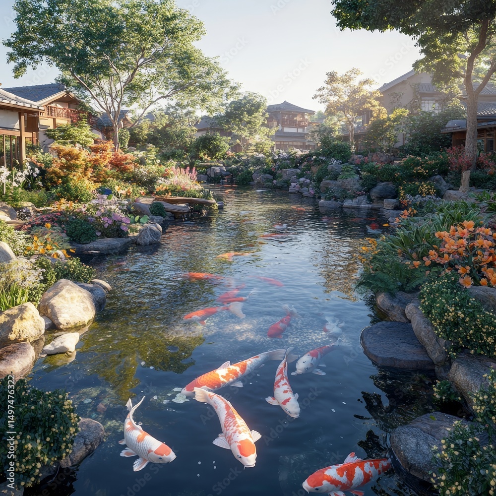 The Serene Koi Pond embodies a tranquil Japanese setting, where a vibrant oasis of aquatic life and meticulous landscaping converge to create harmony and serenity The Serene Koi Pond embodies a tranquil Japanese setting, where a vibrant oasis of aquatic life and meticulous landscaping converge to create harmony and serenity