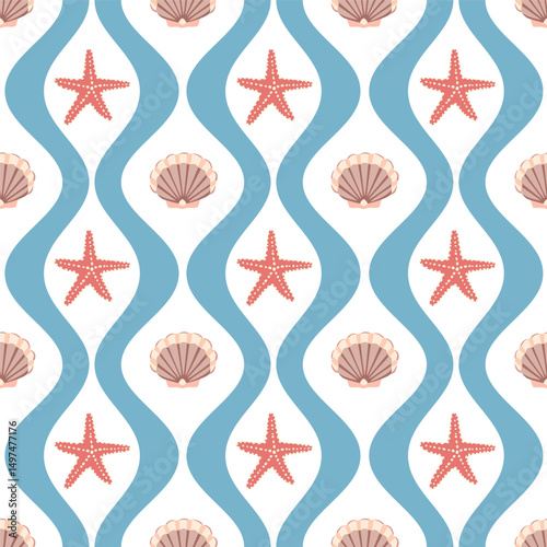 Starfish, shell seamless pattern, blue wave background. Summer sea print.