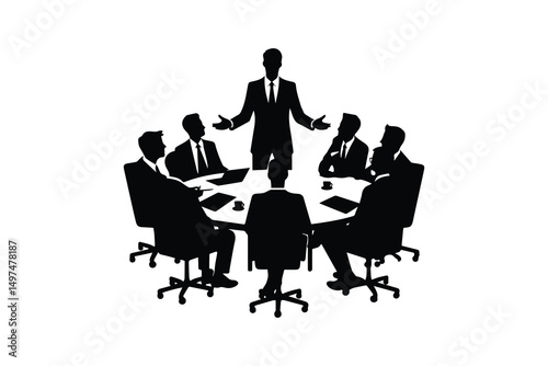 simple and unobtrusive Business man doing meeting with some people vector silhouette illustration isolated in white background