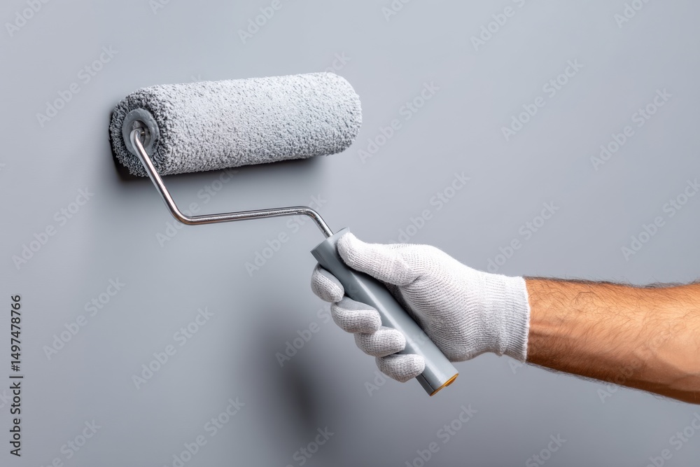 Obraz premium A hand in a white glove paints a gray wall with a roller, applying gray paint evenly on the surface.
