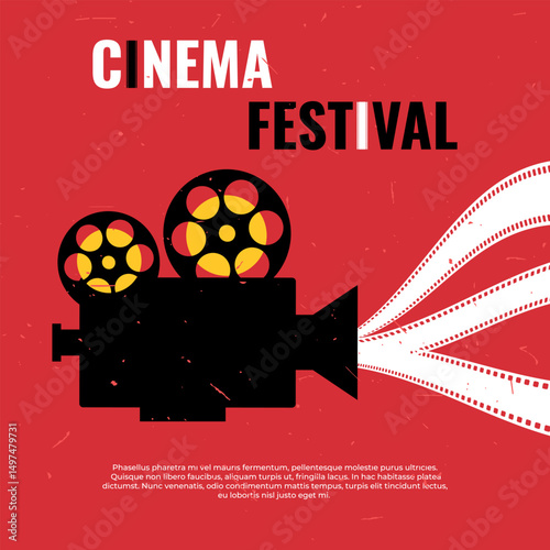 Grunge textured movie film festival poster design with a movie camera silhouette showing filmstrips. Cinema flyer in retro style. Vector illustration
