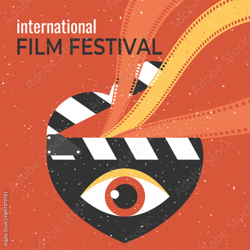 Vintage movie film festival poster design with a heart shaped clapperboard decorated with an eye. Cinema flyer in retro style. Vector illustration