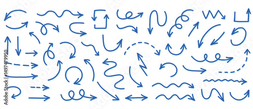 Blue Arrow Set Vector Collection on Transparent Background. Set of hand drawn arrows.