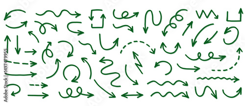 Green Arrow Set Vector Collection on Transparent Background. Hand drawn arrows.