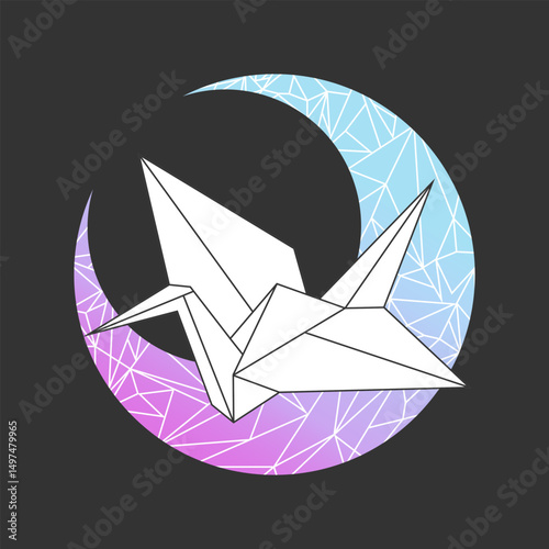 Celestial paper crane origami on crystal crescent moon. Flying neon paper bird. Vector illustration