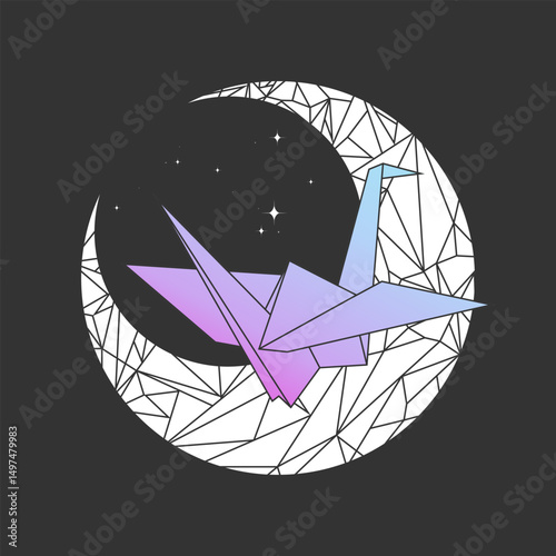 White paper crane origami in crystal crescent moon. Celestial paper bird. Vector illustration