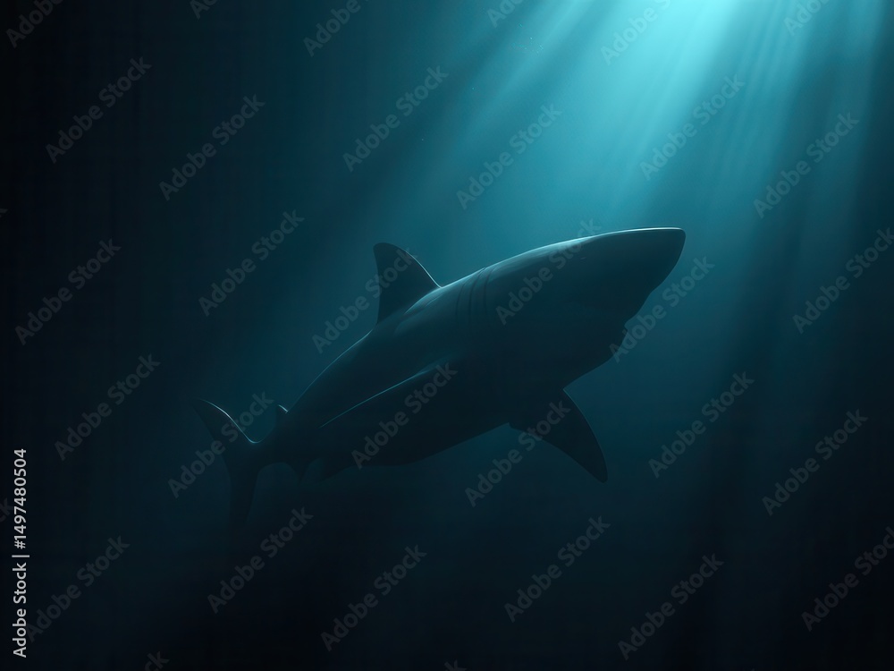 Obraz premium Distinctive shark silhouette in the murky depths, dangerous predator, lurking danger