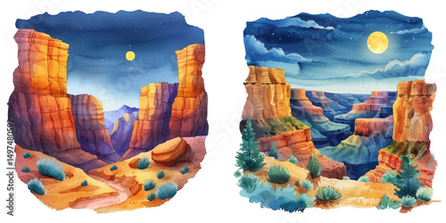 lanscape of canyon at night watercolor vector illustration